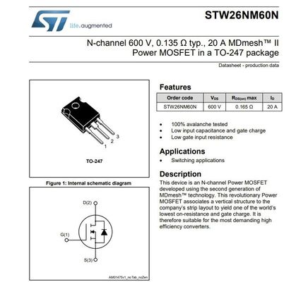 N-kanaal 600V, 0,065 Ω typ., 40A Power MOSFET in een TO-247 pakket STW48N60DM2 Field Effect Transistor